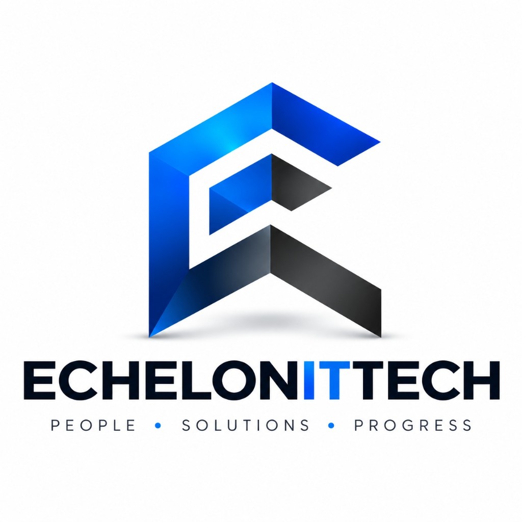 ECHELONITTECH logo: geometric mark with tagline People, Solutions, Progress